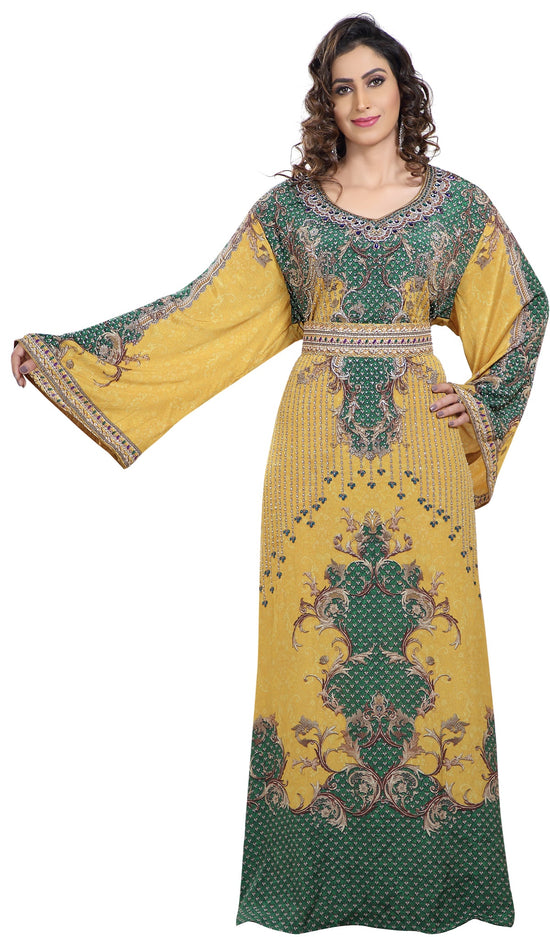 Yellow Printed Kaftan with Crystal Luxe Beads - Maxim Creation