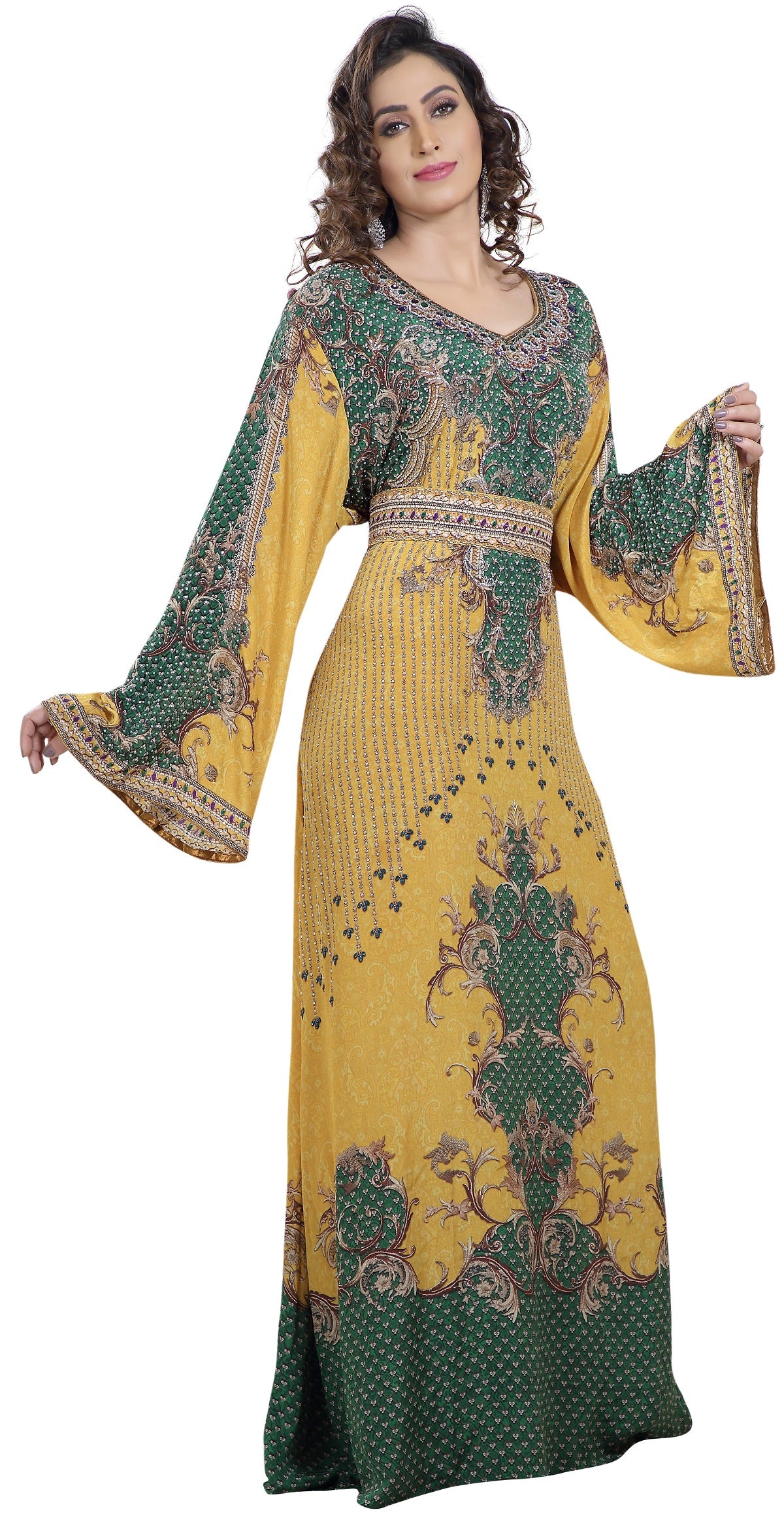 Yellow Printed Kaftan with Crystal Luxe Beads - Maxim Creation