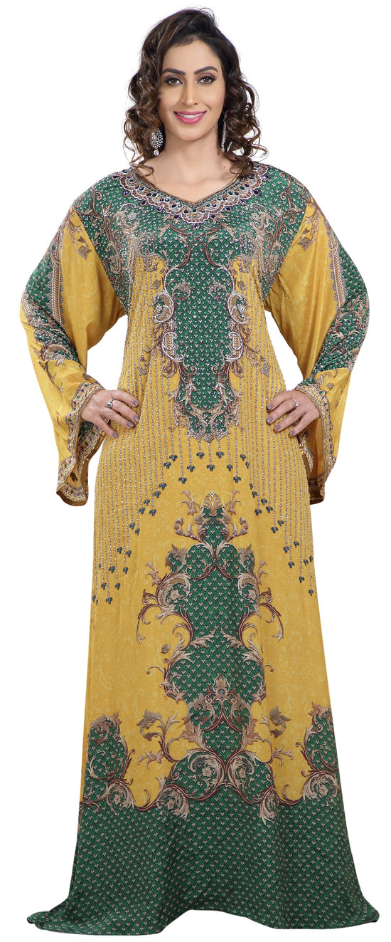 Yellow Printed Kaftan with Crystal Luxe Beads - Maxim Creation