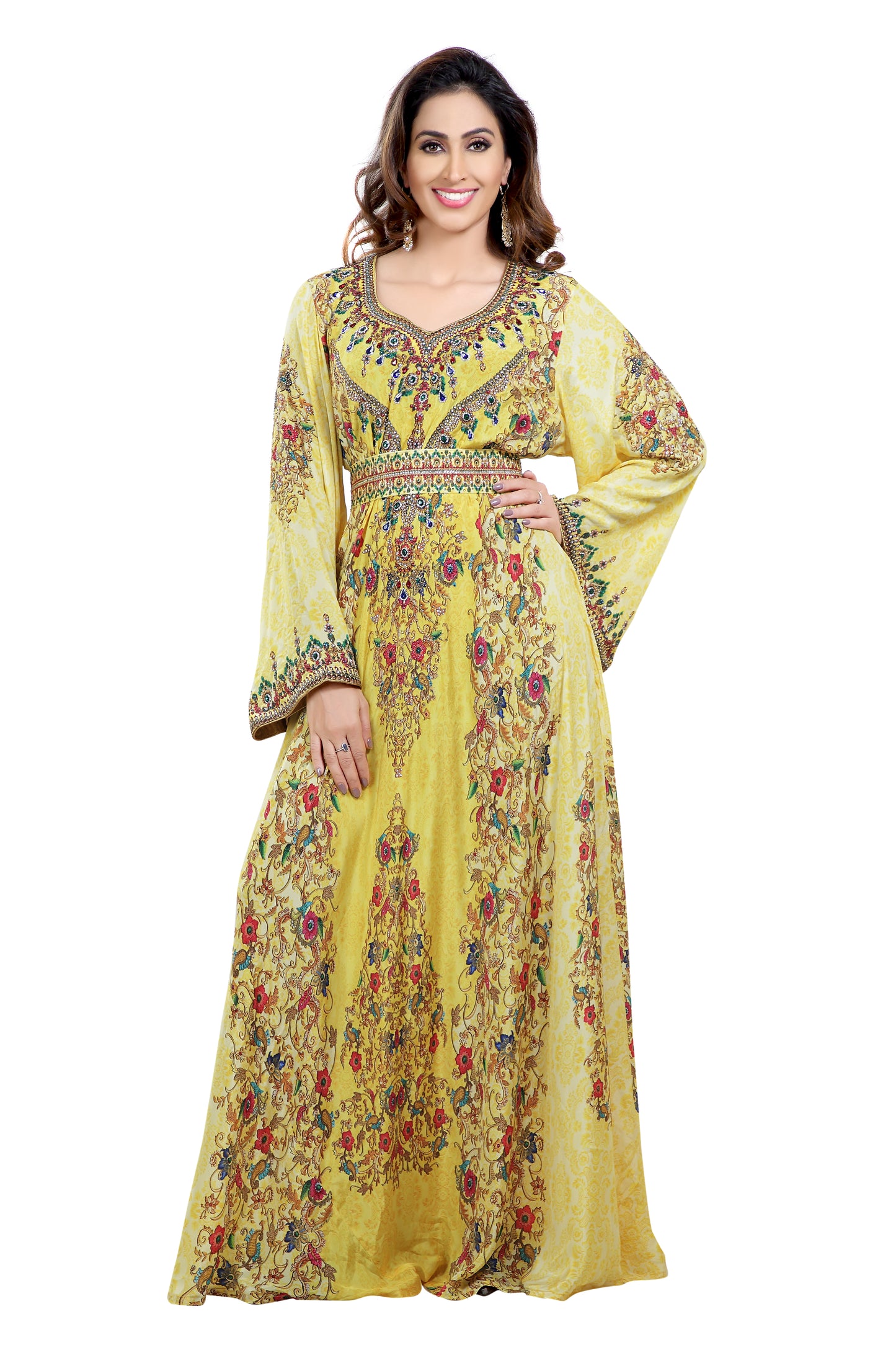 Printed Dubai Kaftan With Mix Embroidered Beads - Maxim Creation