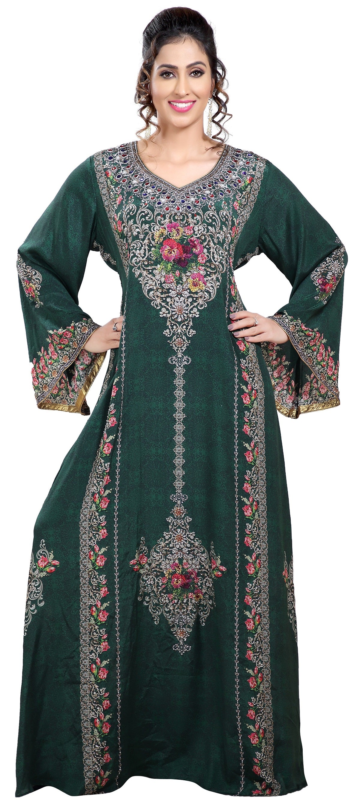 Floral Printed Fabric Kaftan with Embroidered Belt - Maxim Creation