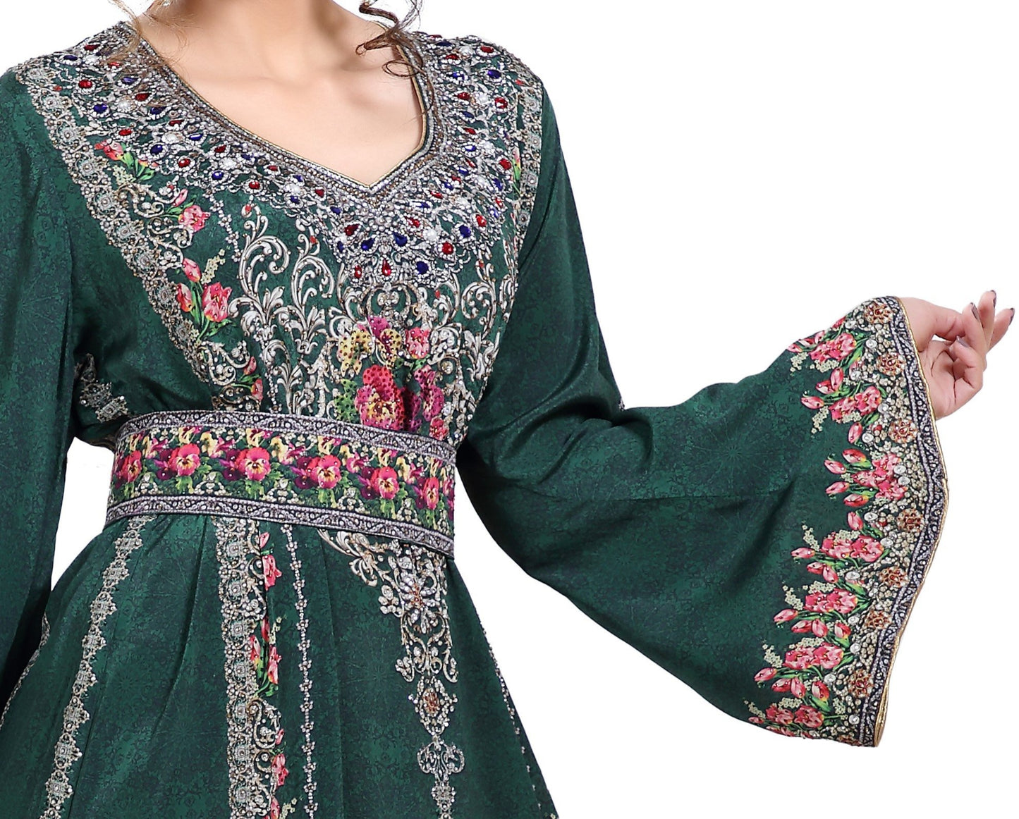 Floral Printed Fabric Kaftan with Embroidered Belt - Maxim Creation