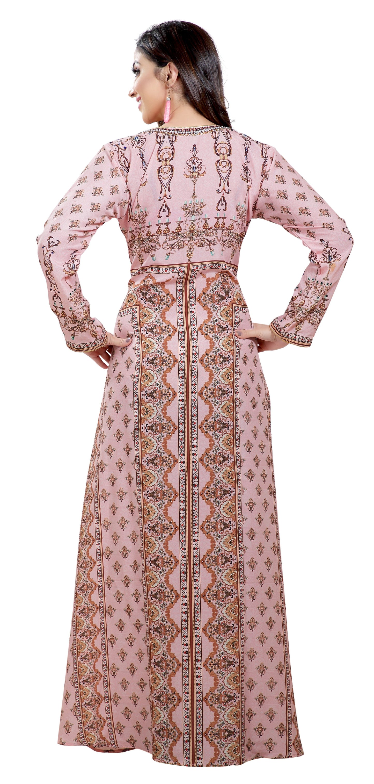 Light Pink Printed Kaftan with Green Embroidered Beads - Maxim Creation