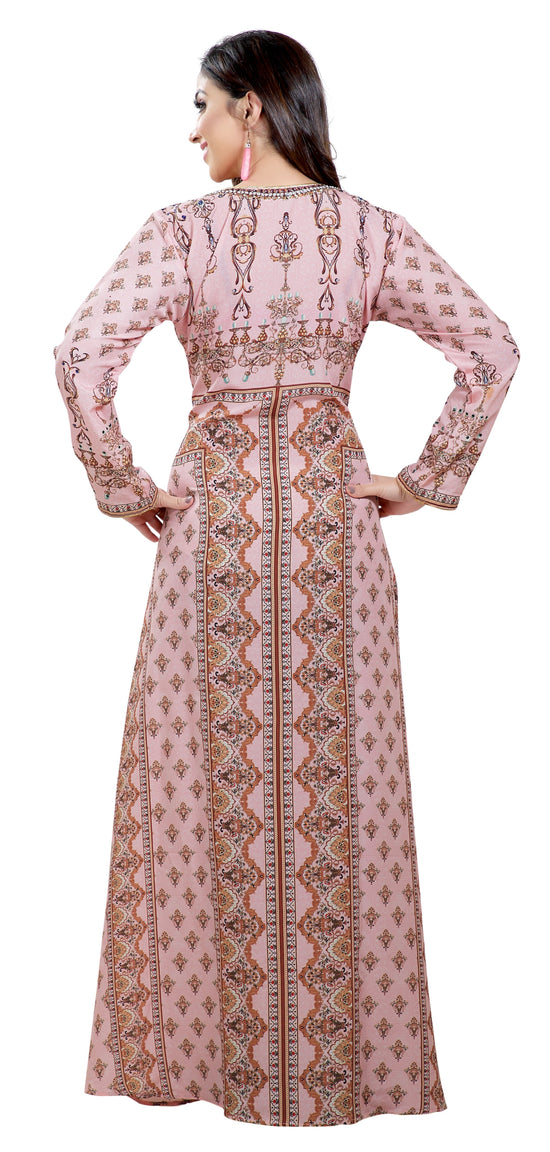 Light Pink Printed Kaftan with Green Embroidered Beads - Maxim Creation