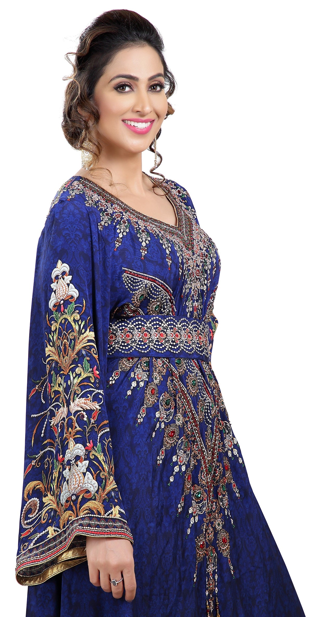 Royal Blue Arabian Digital Print Kaftan With Embroidered Belt - Maxim Creation