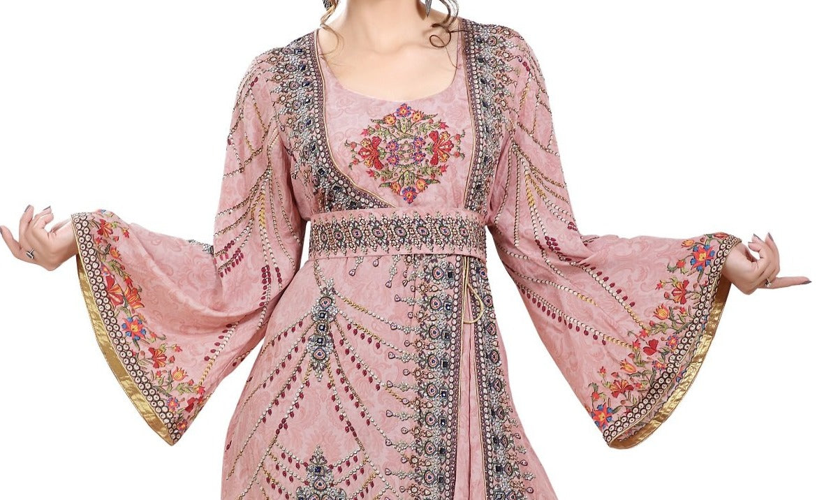 Light Pink Printed Kaftan With Crystal Luxe Beads - Maxim Creation