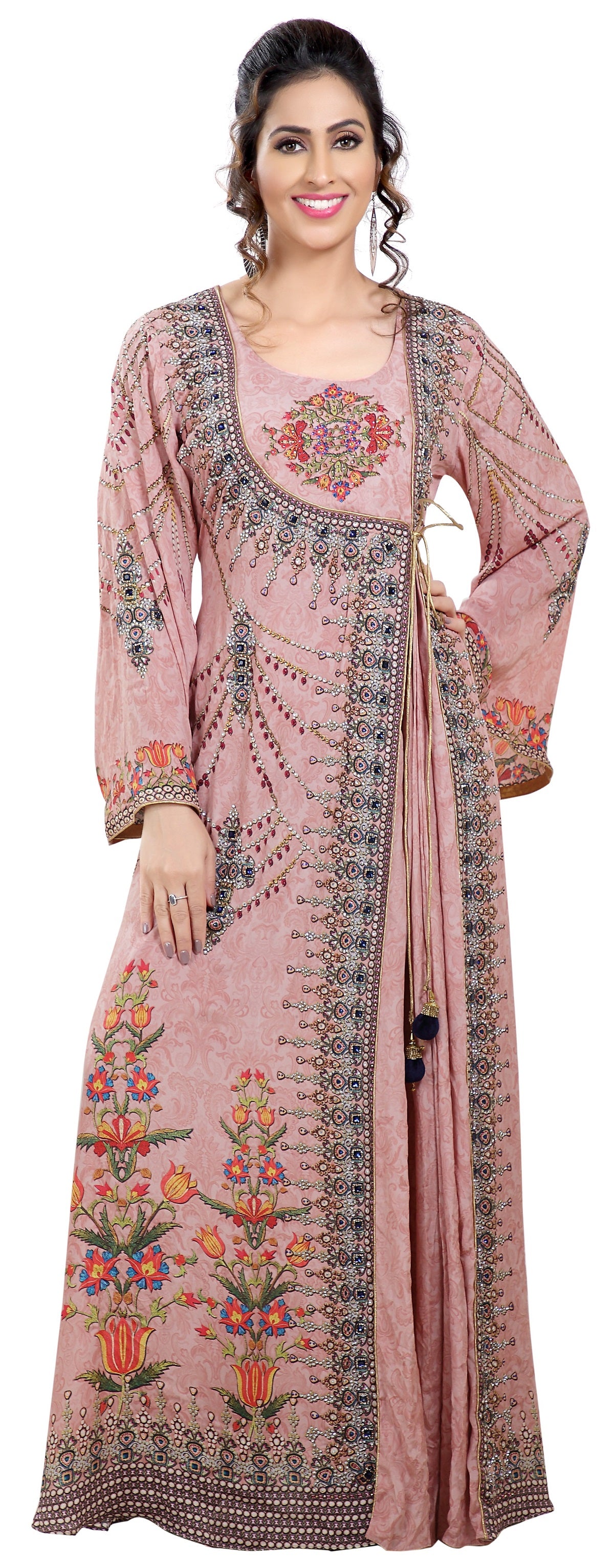 Light Pink Printed Kaftan With Crystal Luxe Beads - Maxim Creation