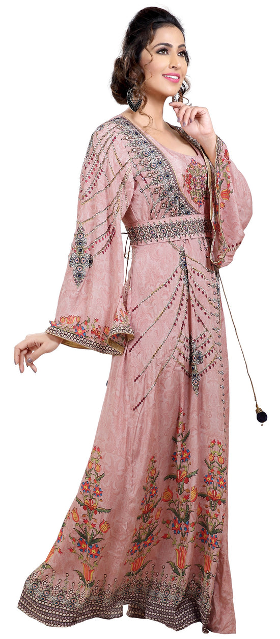 Light Pink Printed Kaftan With Crystal Luxe Beads - Maxim Creation