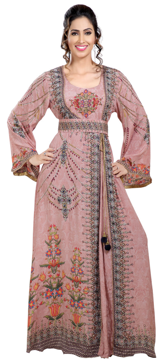 Light Pink Printed Kaftan With Crystal Luxe Beads - Maxim Creation