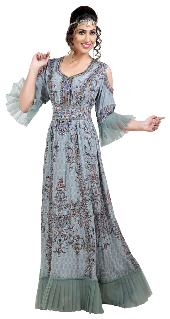 Digital Printed Party Gown With Cold Shoulder Sleeves - Maxim Creation