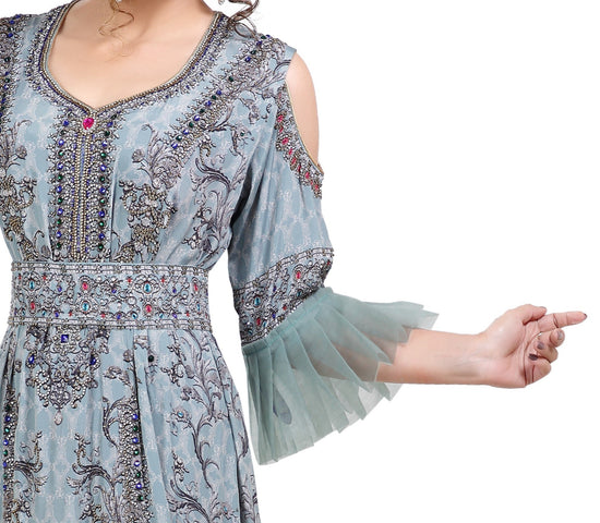 Digital Printed Party Gown With Cold Shoulder Sleeves - Maxim Creation