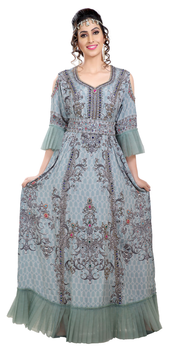 Digital Printed Party Gown With Cold Shoulder Sleeves - Maxim Creation