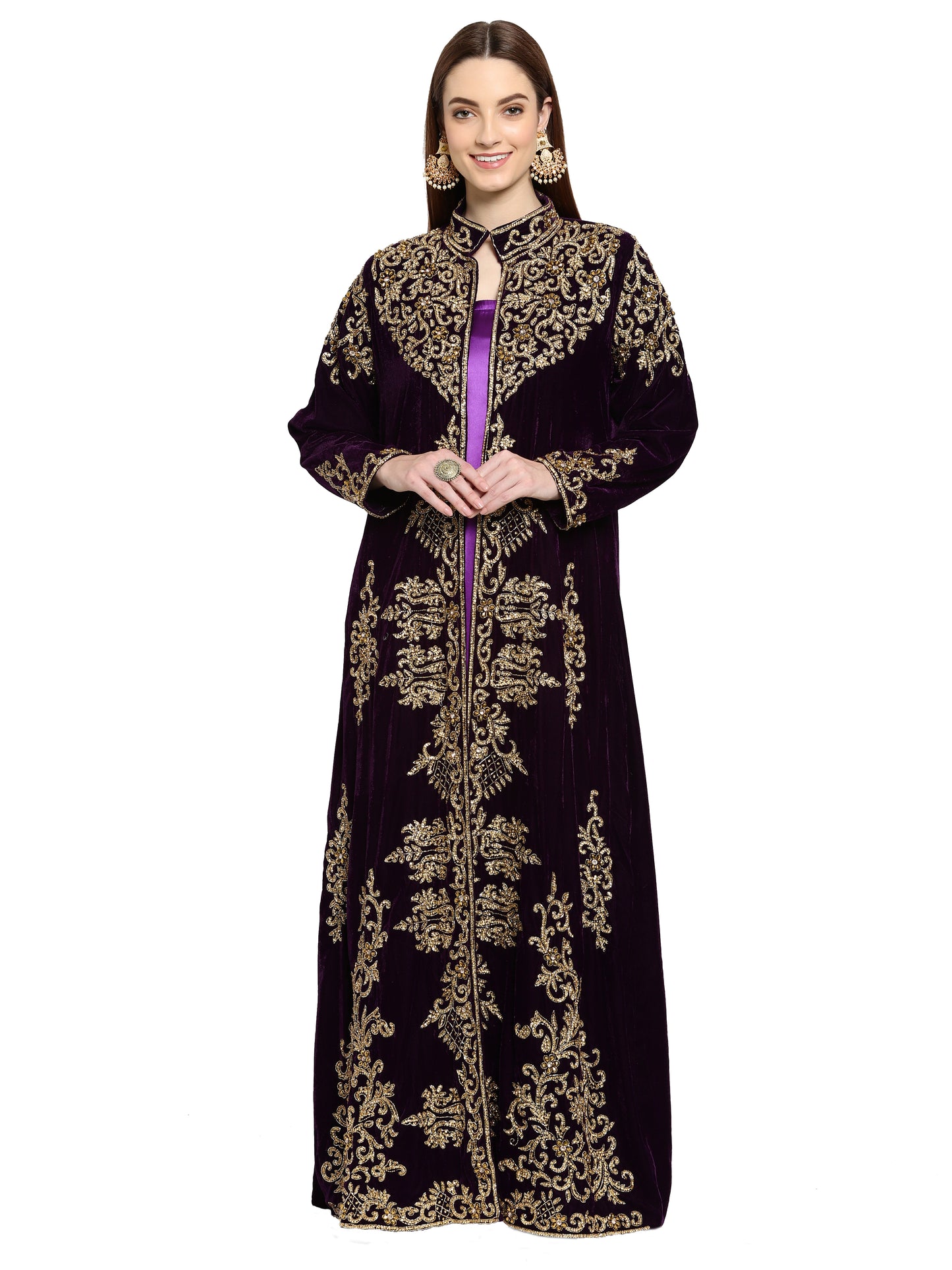 Wedding Gown Hand Embroidered Dress in Purple Velvet - Maxim Creation