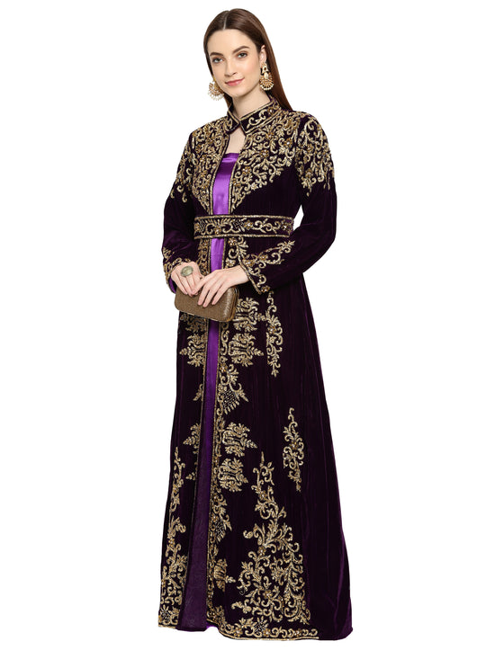 Wedding Gown Hand Embroidered Dress in Purple Velvet - Maxim Creation