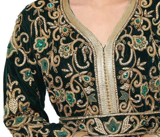 Designer Wedding Dress Crystal Embroidered Kaftan in Dark Green Velvet - Maxim Creation