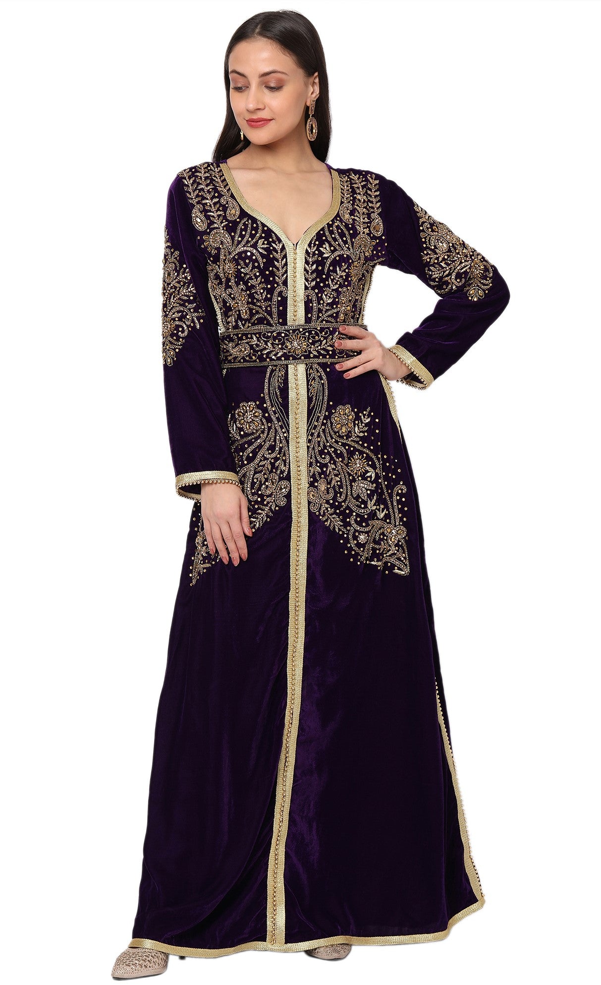 Designer Caftan Evening Party Gown in Purple Velvet - Maxim Creation