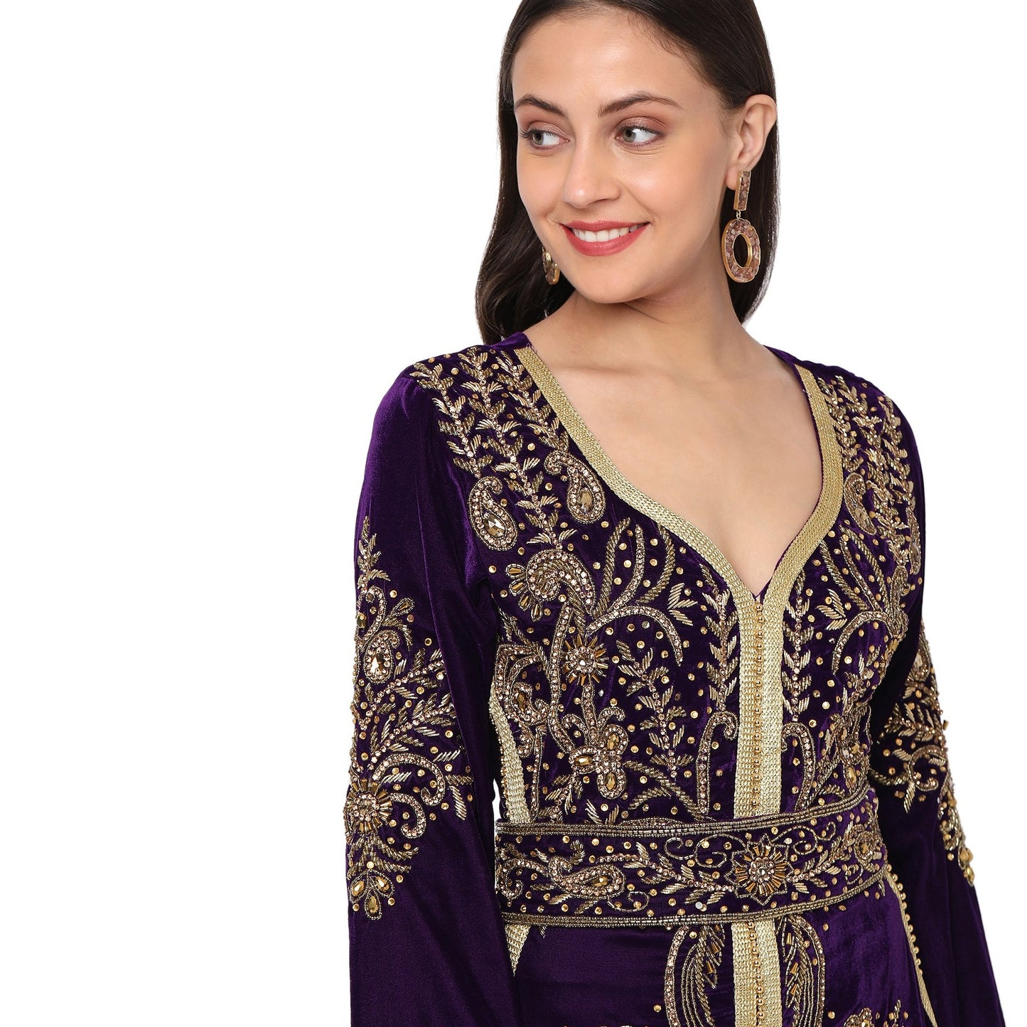 Designer Caftan Evening Party Gown in Purple Velvet - Maxim Creation