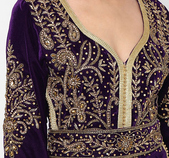 Designer Caftan Evening Party Gown in Purple Velvet - Maxim Creation