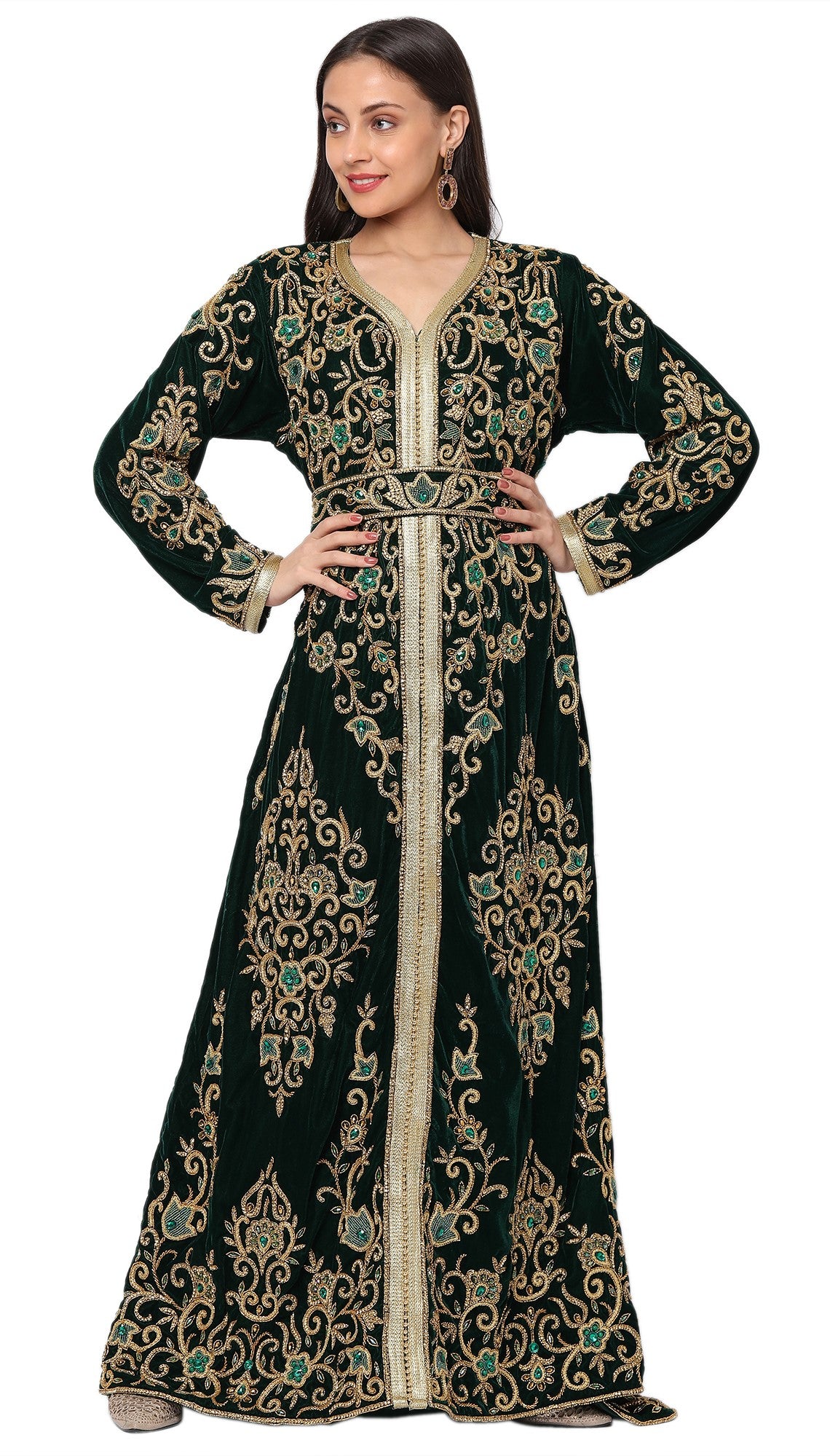 Designer Wedding Dress Crystal Embroidered Kaftan in Dark Green Velvet - Maxim Creation