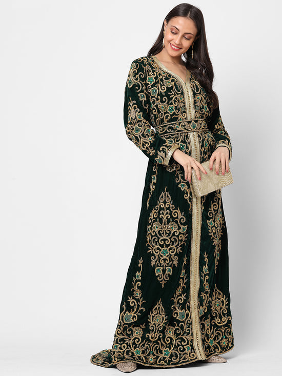 Designer Wedding Dress Crystal Embroidered Kaftan in Dark Green Velvet - Maxim Creation