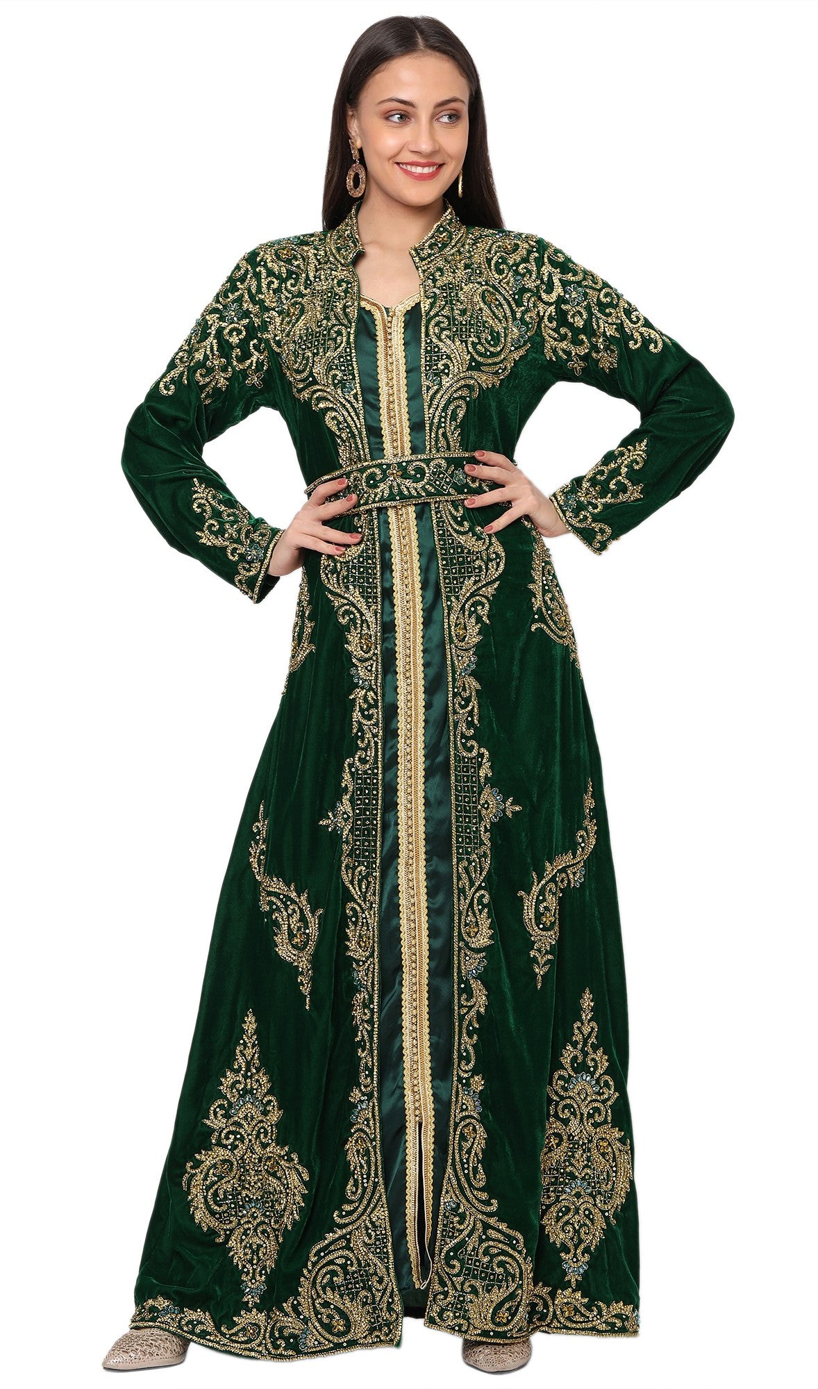 Designer Caftan Wedding Dress in Dark Green Velvet - Maxim Creation