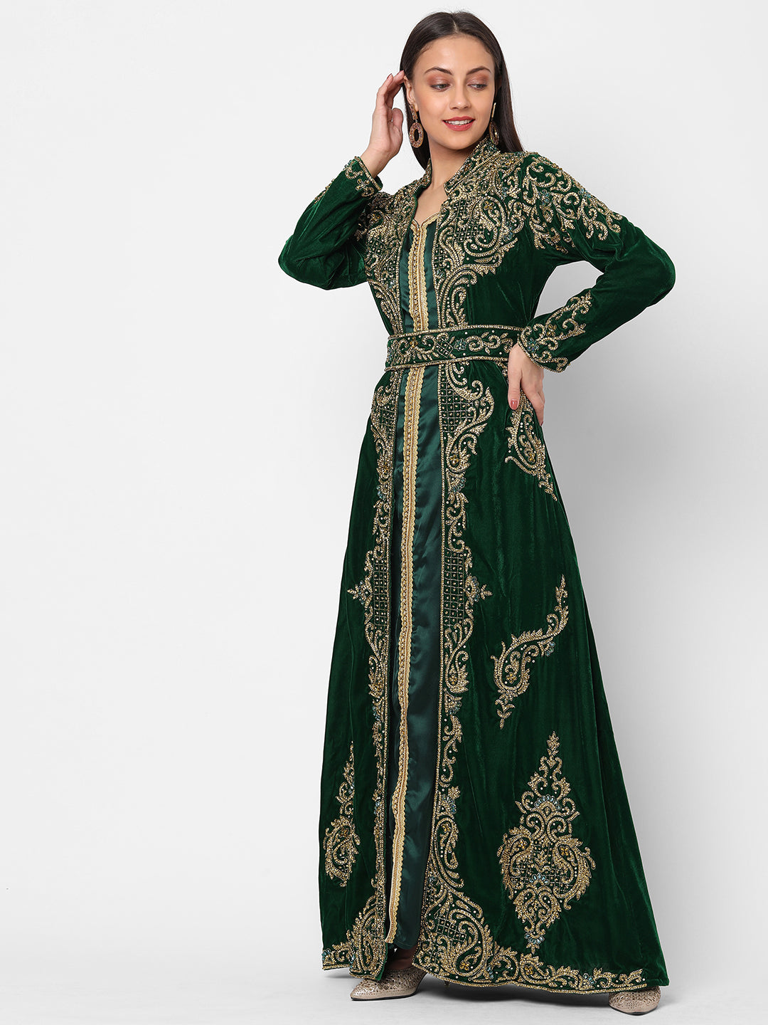 Designer Caftan Wedding Dress in Dark Green Velvet - Maxim Creation