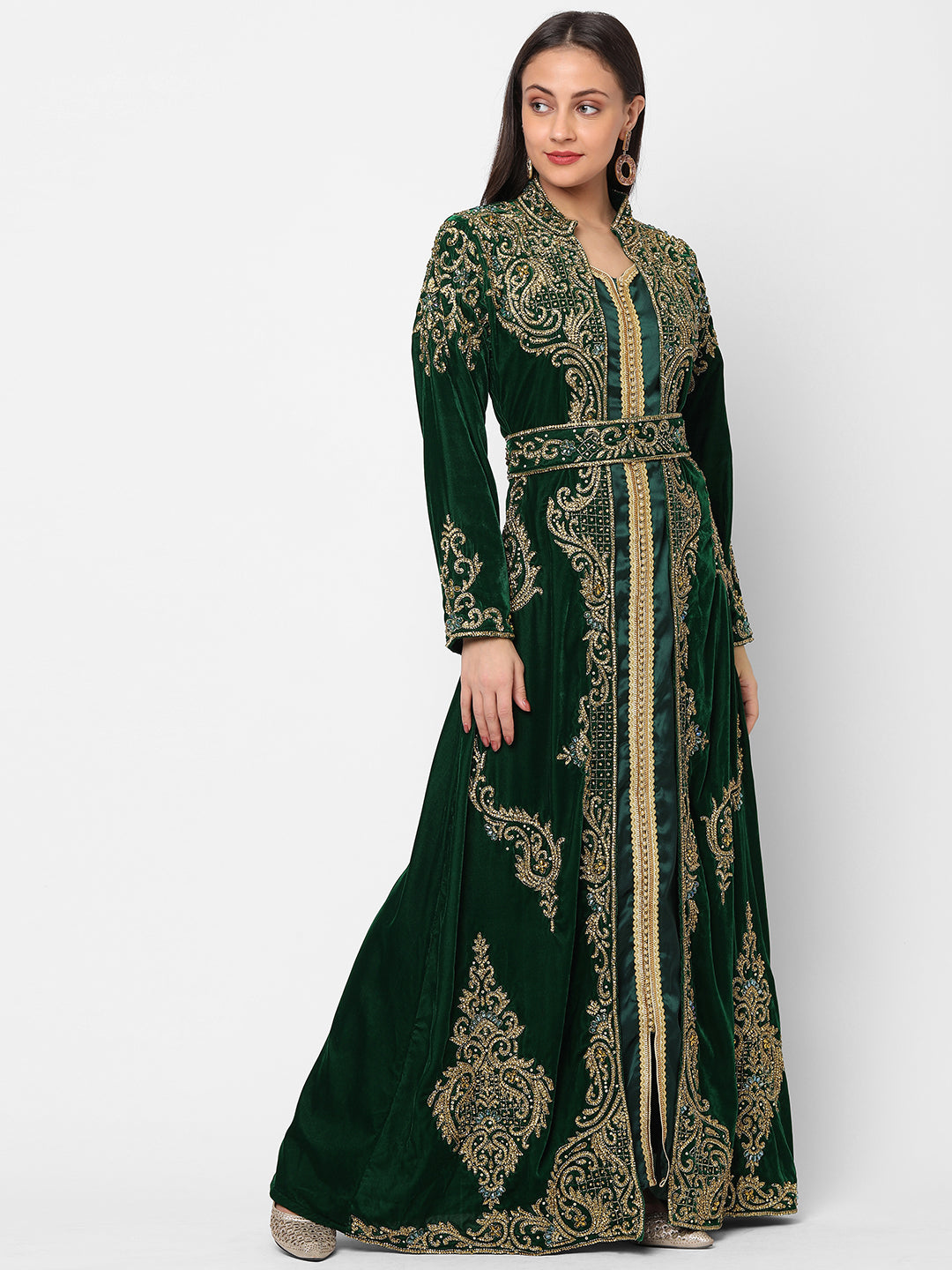 Designer Caftan Wedding Dress in Dark Green Velvet - Maxim Creation