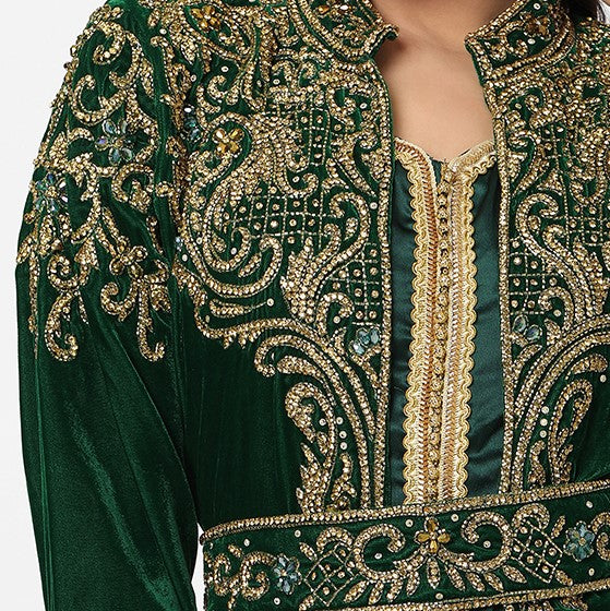 Designer Caftan Wedding Dress in Dark Green Velvet - Maxim Creation