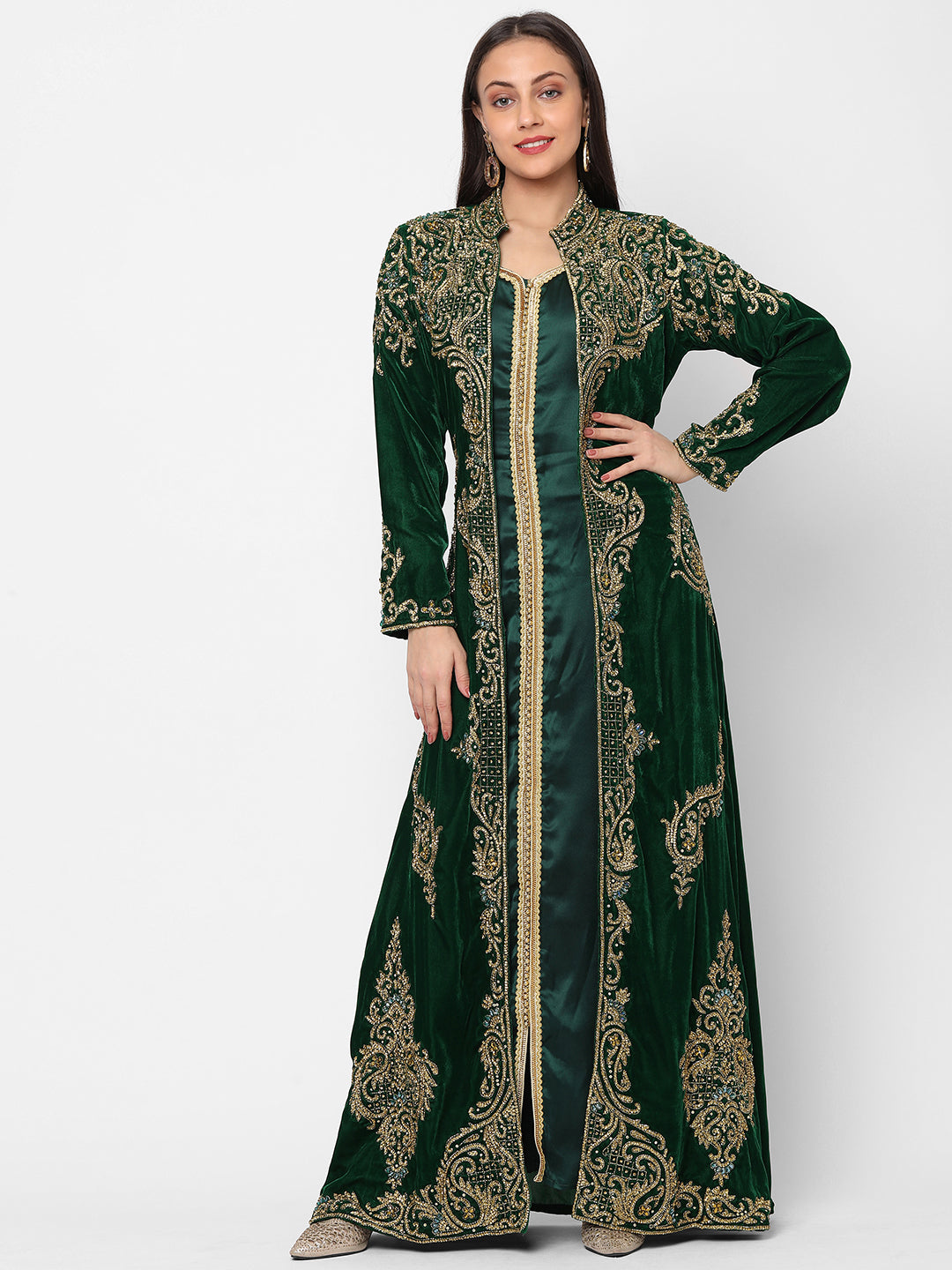 Designer Caftan Wedding Dress in Dark Green Velvet - Maxim Creation