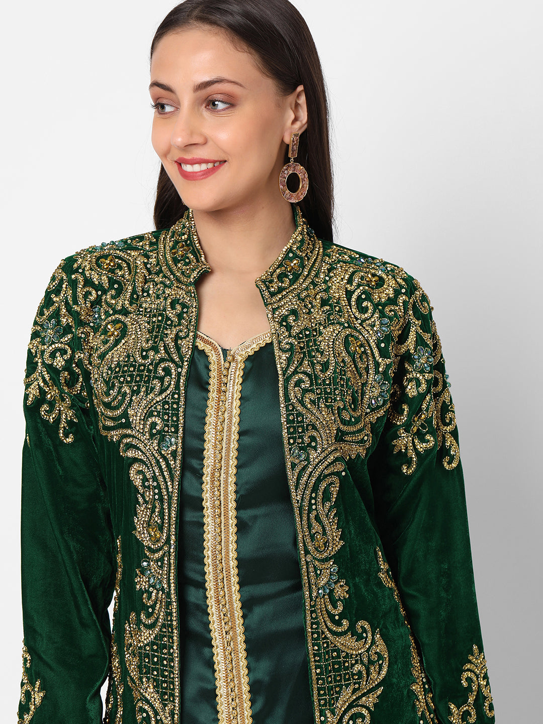 Designer Caftan Wedding Dress in Dark Green Velvet - Maxim Creation