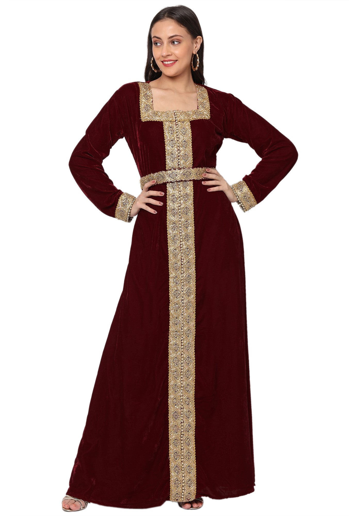 Designer Gown In Velvet Long Sleeve Maxi in Maroon Velvet - Maxim Creation