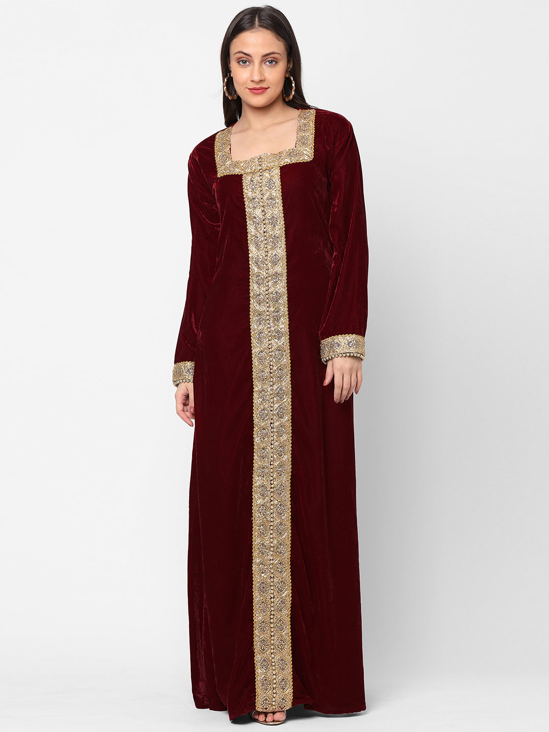 Designer Gown In Velvet Long Sleeve Maxi in Maroon Velvet - Maxim Creation