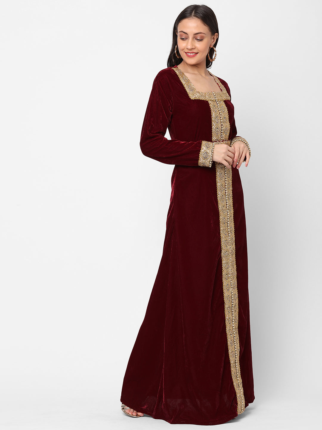 Designer Gown In Velvet Long Sleeve Maxi in Maroon Velvet - Maxim Creation