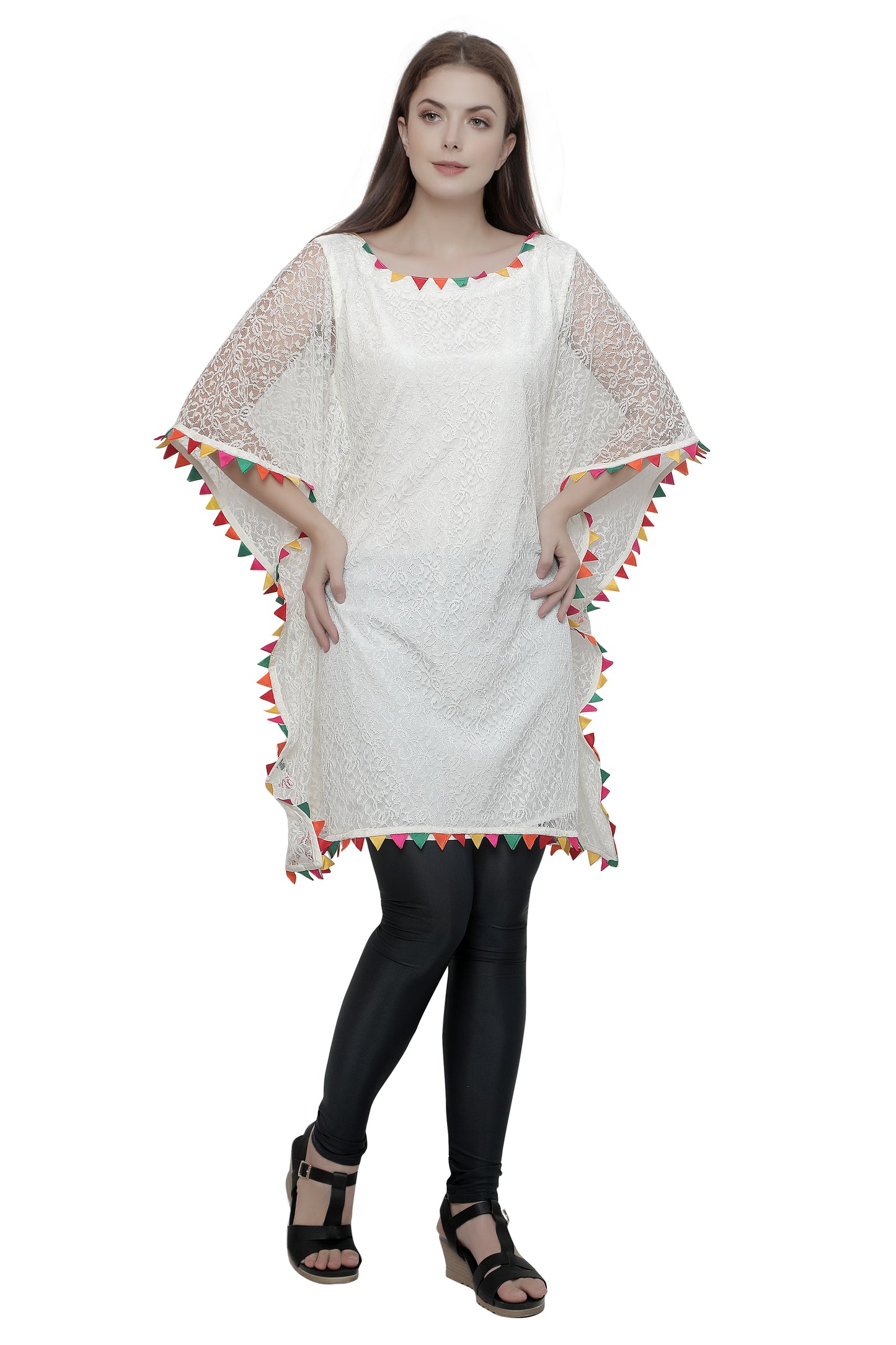 Cream Floral Net Beach Caftan with Colorful Trim - Maxim Creation