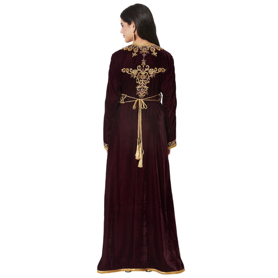 Takchita Caftan Wine Velvet Party Gown Evening Kaftan - Maxim Creation