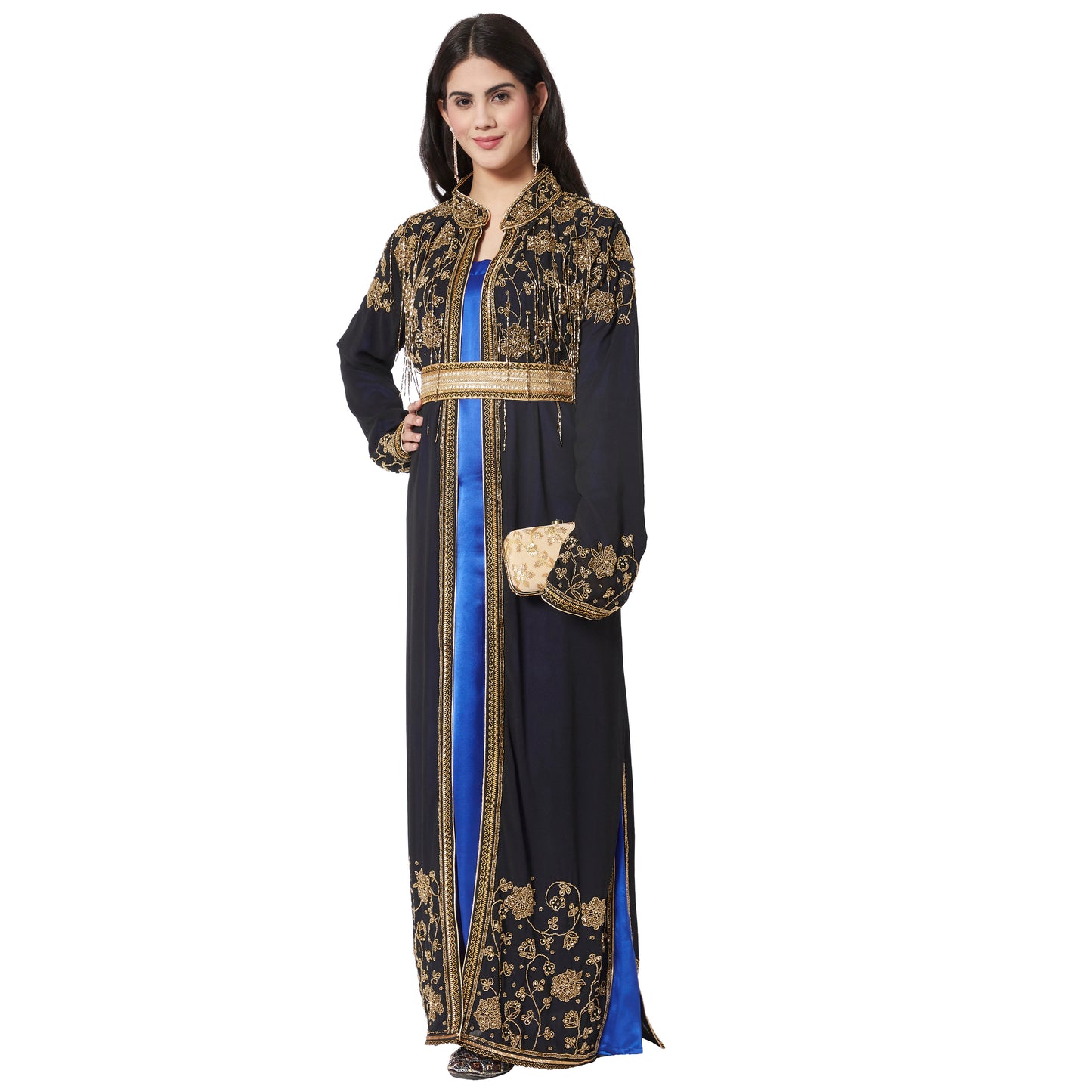 Long Cardigan with Golden Hand Work Embroidery by Maxim Creation - Maxim Creation