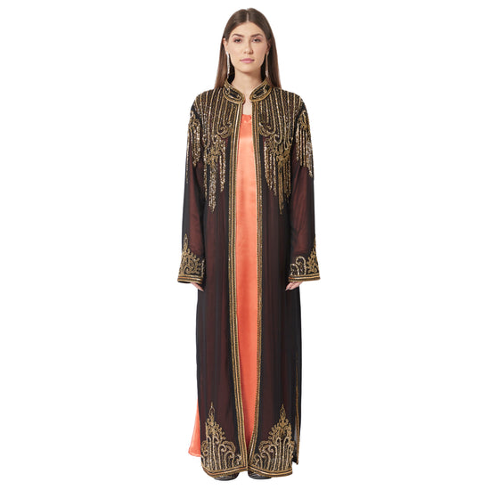 Embroidered Long Cardigan with Golden Hand Work - Maxim Creation