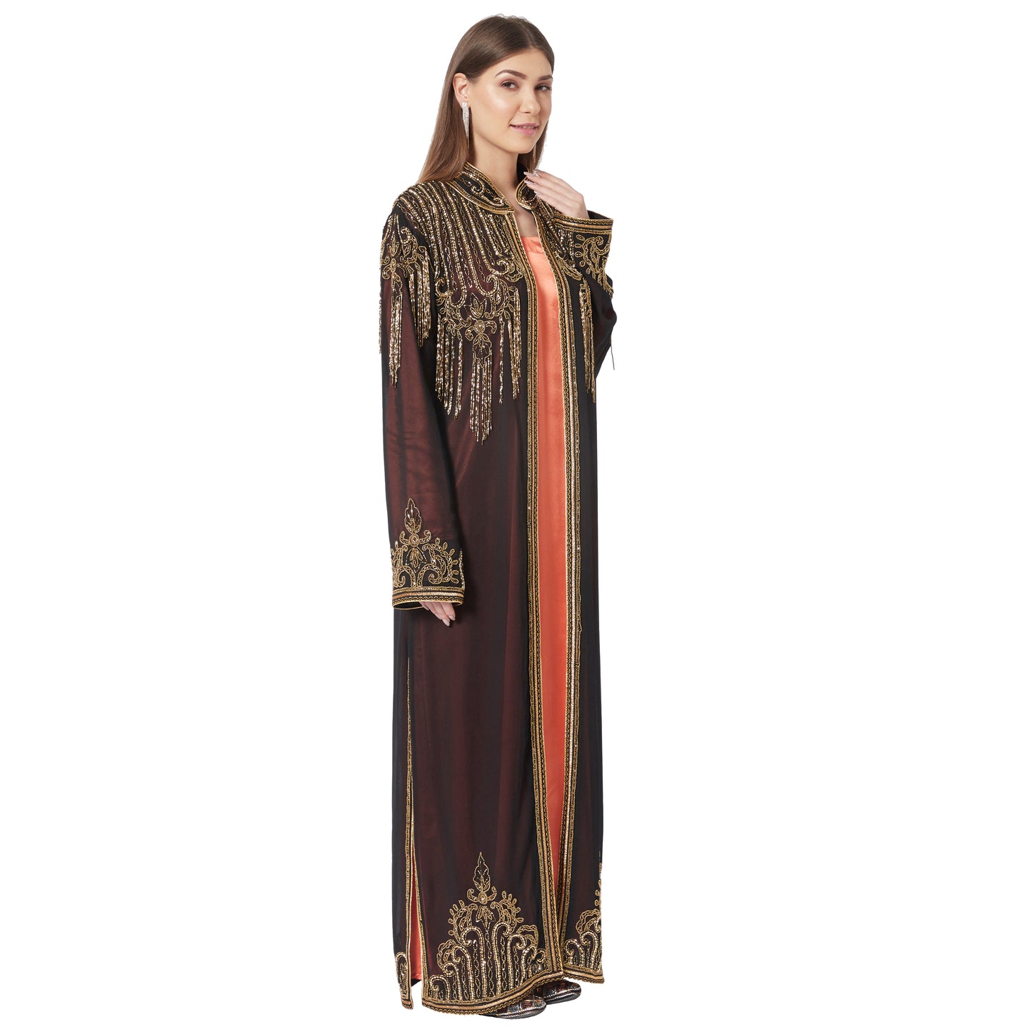 Embroidered Long Cardigan with Golden Hand Work - Maxim Creation