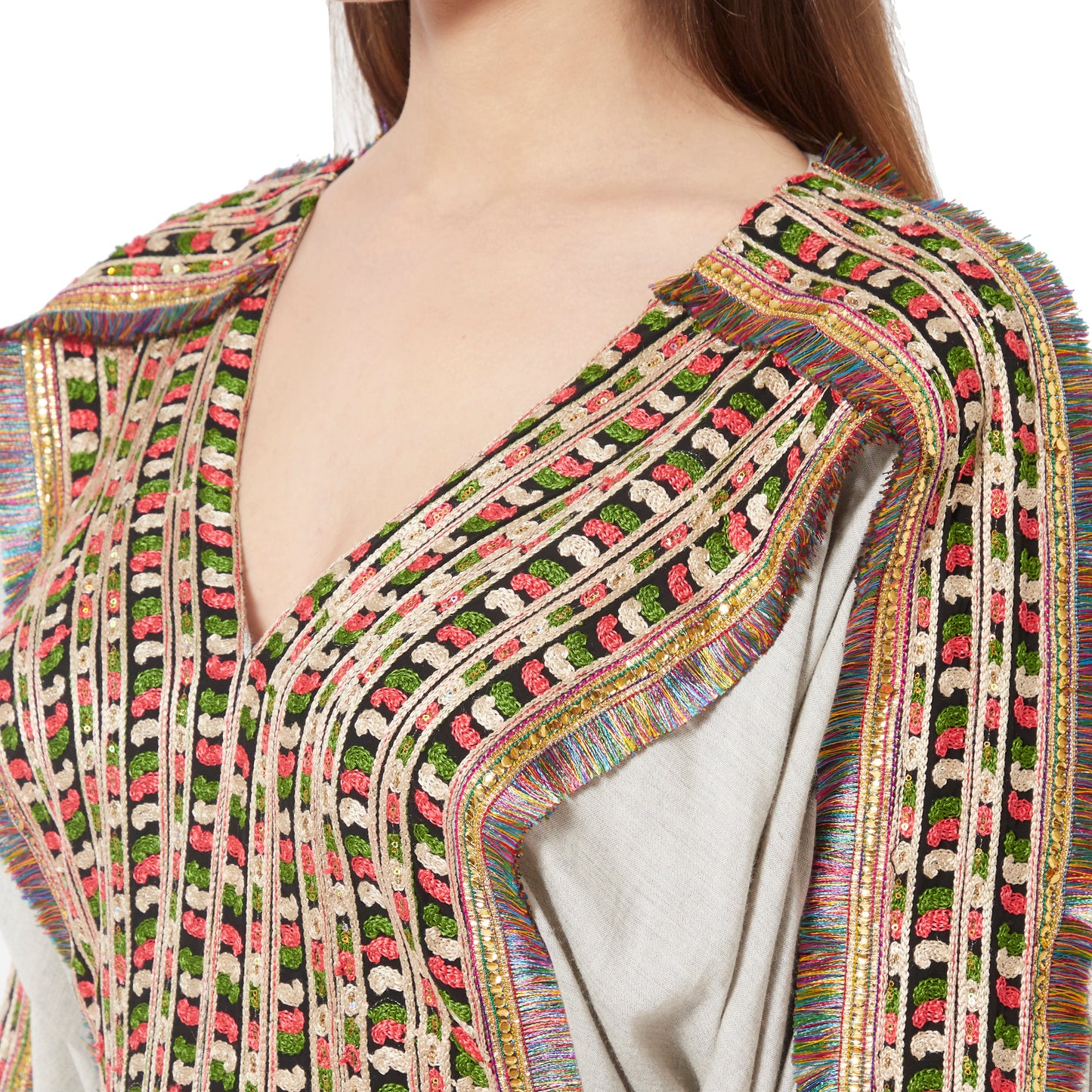 Grey Kaftan in Long Sleeve Tea Party Farasha Poncho in Thread Work - Maxim Creation