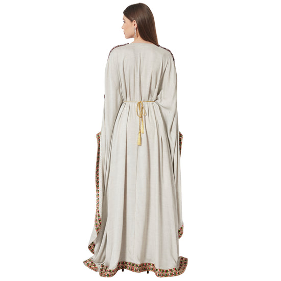 Grey Kaftan in Long Sleeve Tea Party Farasha Poncho in Thread Work - Maxim Creation