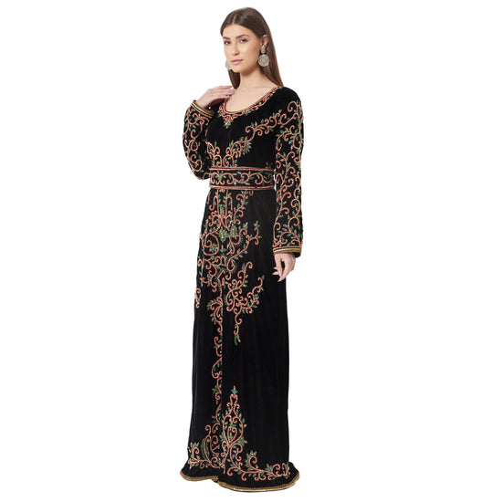 Crystal Hand Work & Beads Kaftan Velvet Maxi Dress - Maxim Creation