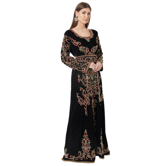 Crystal Hand Work & Beads Kaftan Velvet Maxi Dress - Maxim Creation