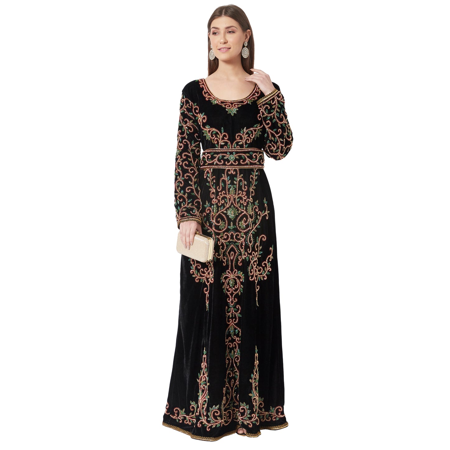 Crystal Hand Work & Beads Kaftan Velvet Maxi Dress - Maxim Creation