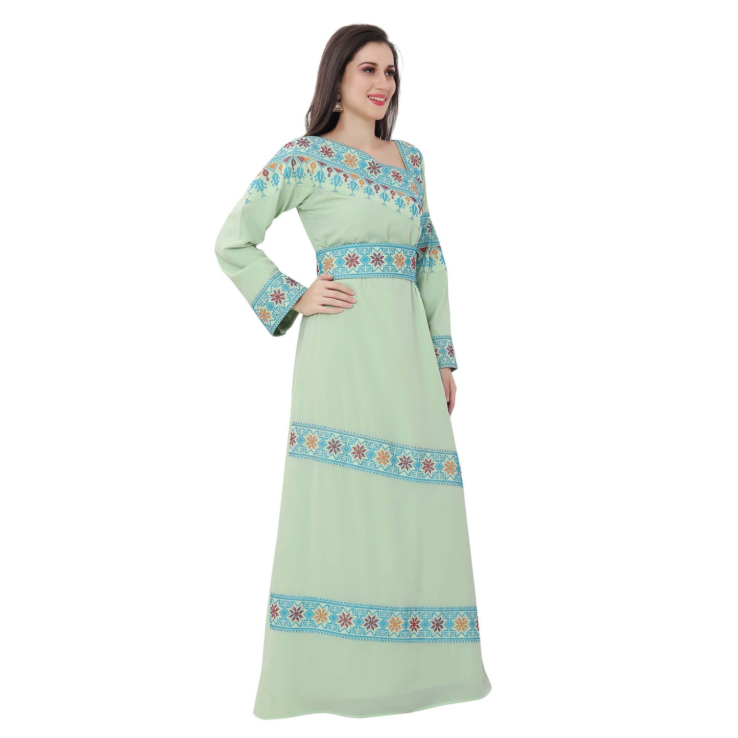 Designer Palestine Thobe Caftan with Colorful Cross Stitch Embroidery - Maxim Creation