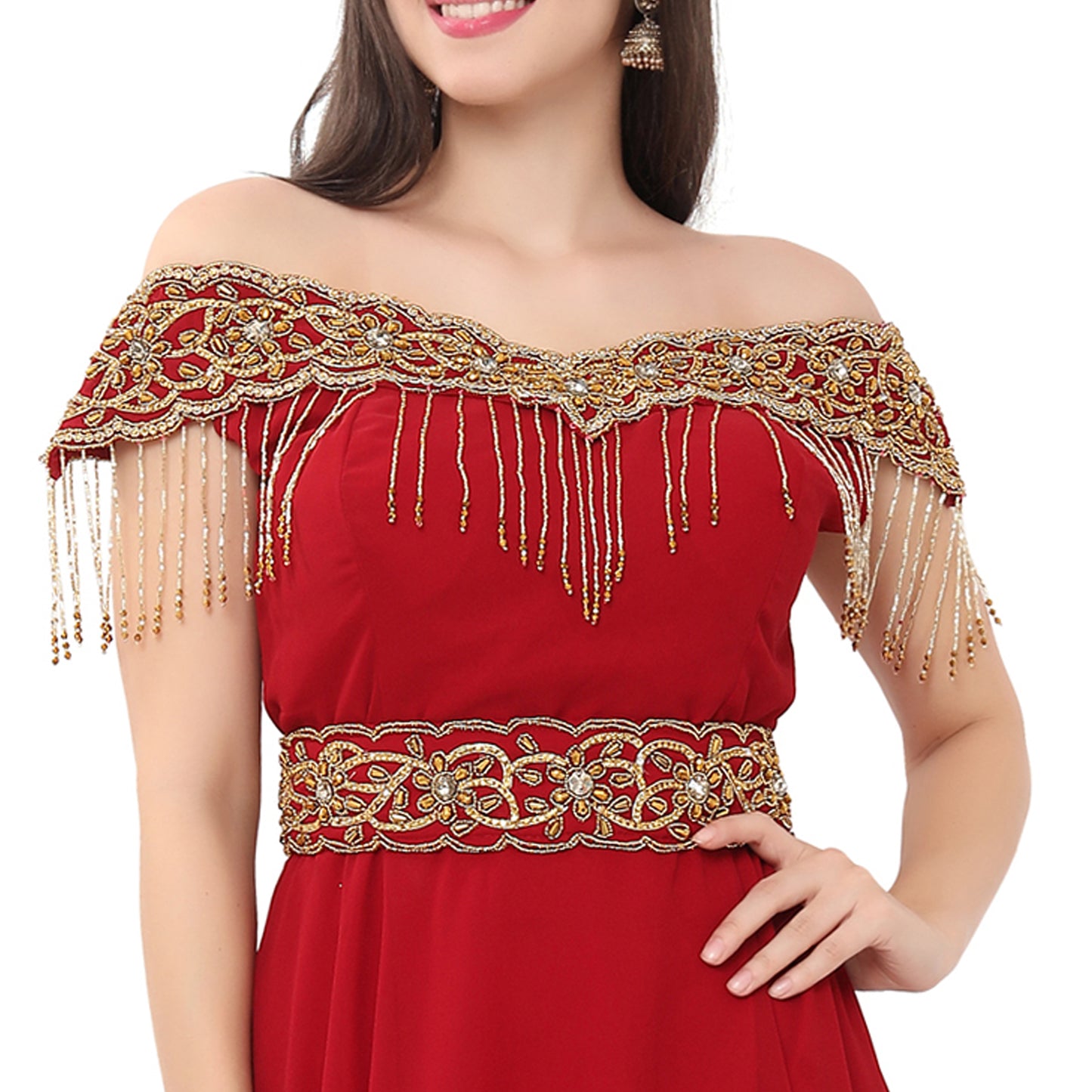 Red Prom Gown Bridesmaid Dress with Golden Tassels - Maxim Creation