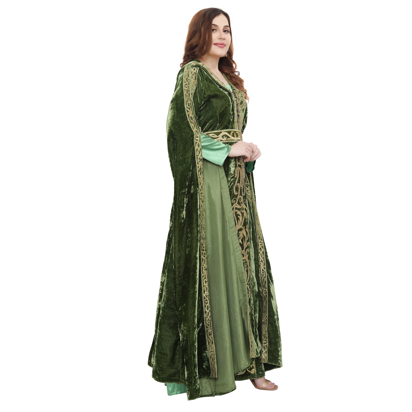 Designer Kaftan Bridal Gown in Henna Green Velvet - Maxim Creation