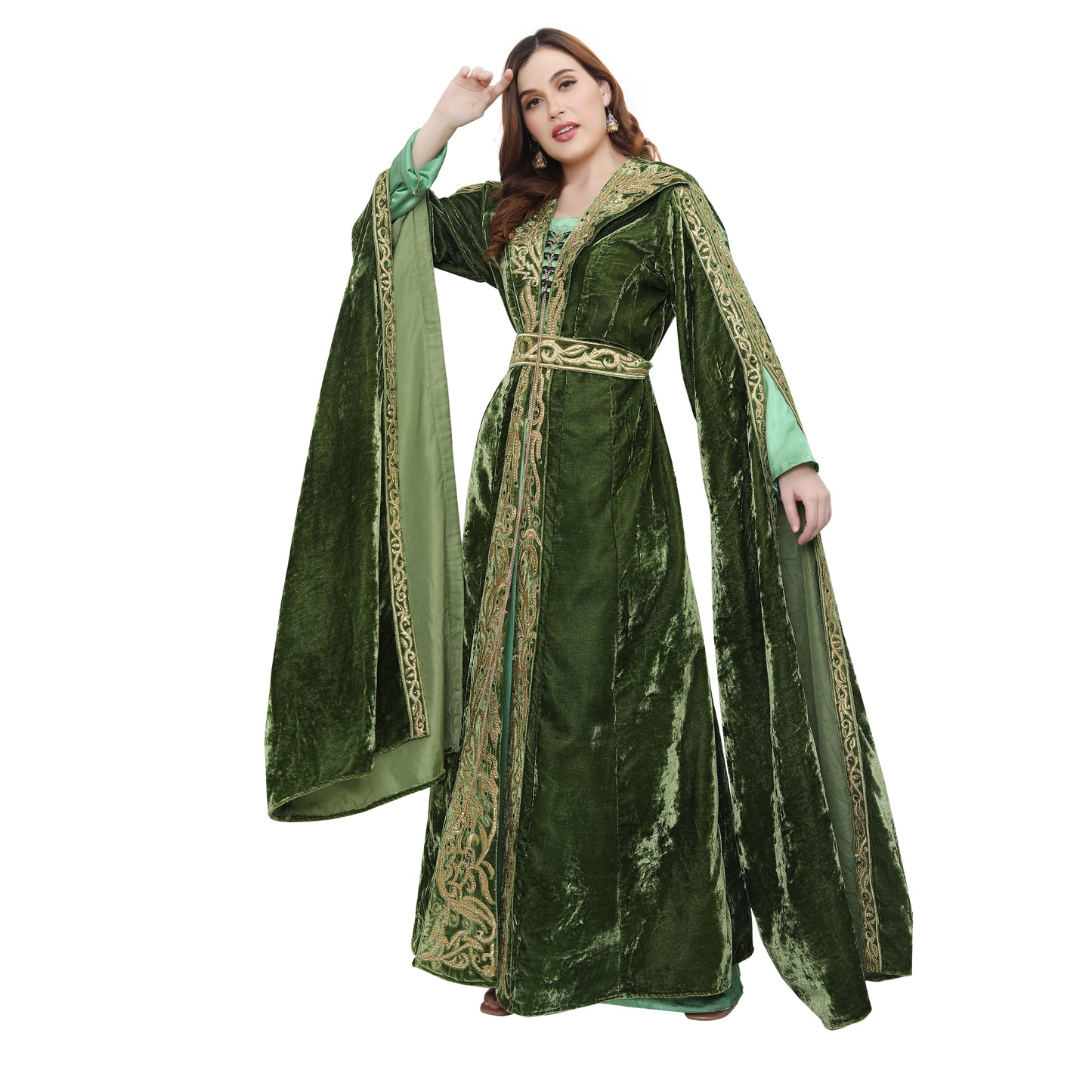 Designer Kaftan Bridal Gown in Henna Green Velvet - Maxim Creation