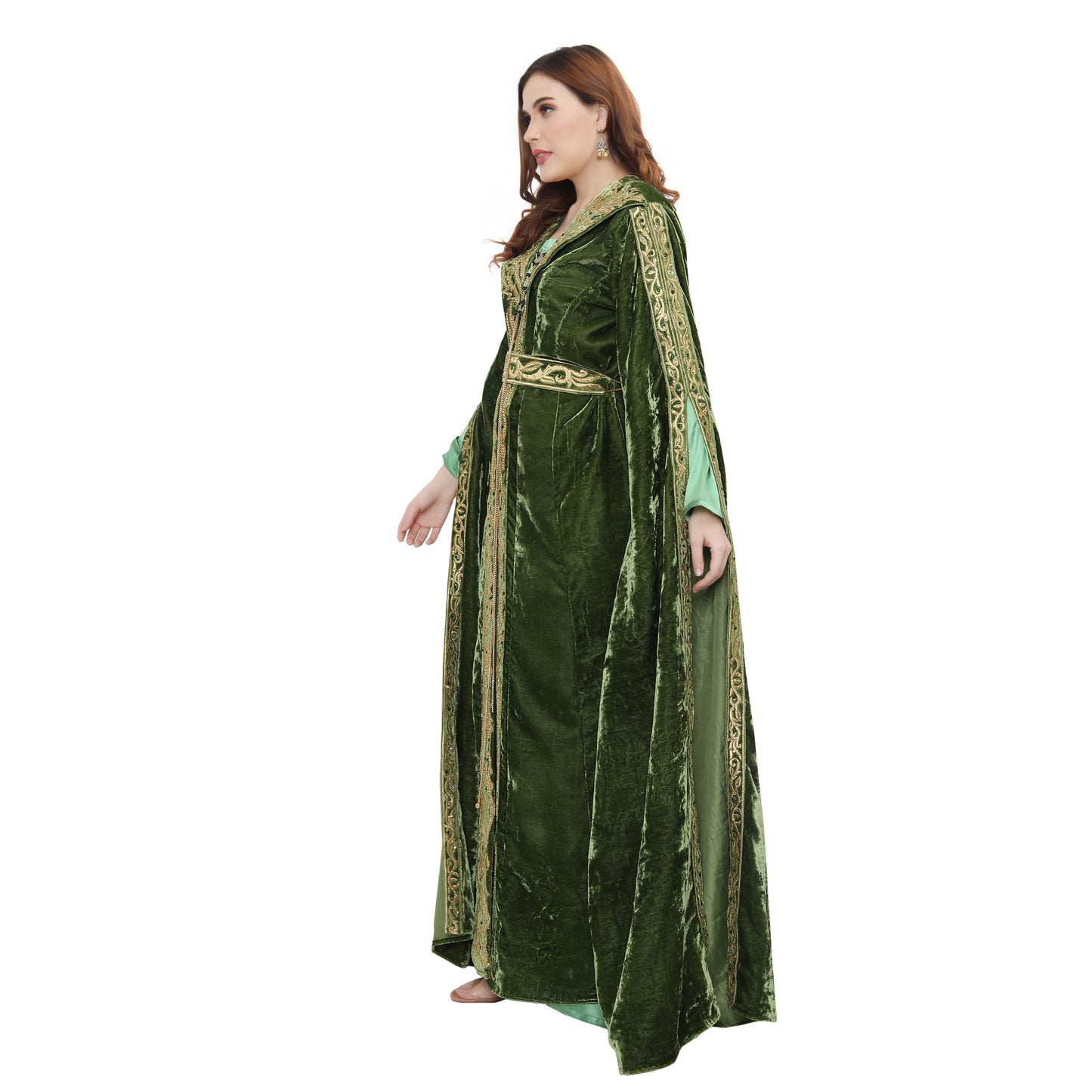 Designer Kaftan Bridal Gown in Henna Green Velvet - Maxim Creation