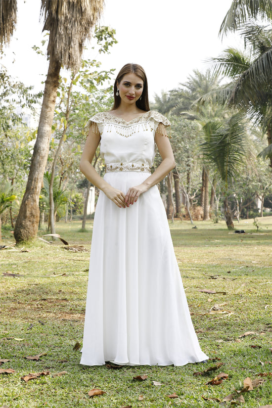 Cream Prom Gown Bridesmaid Dress with Golden Tassels