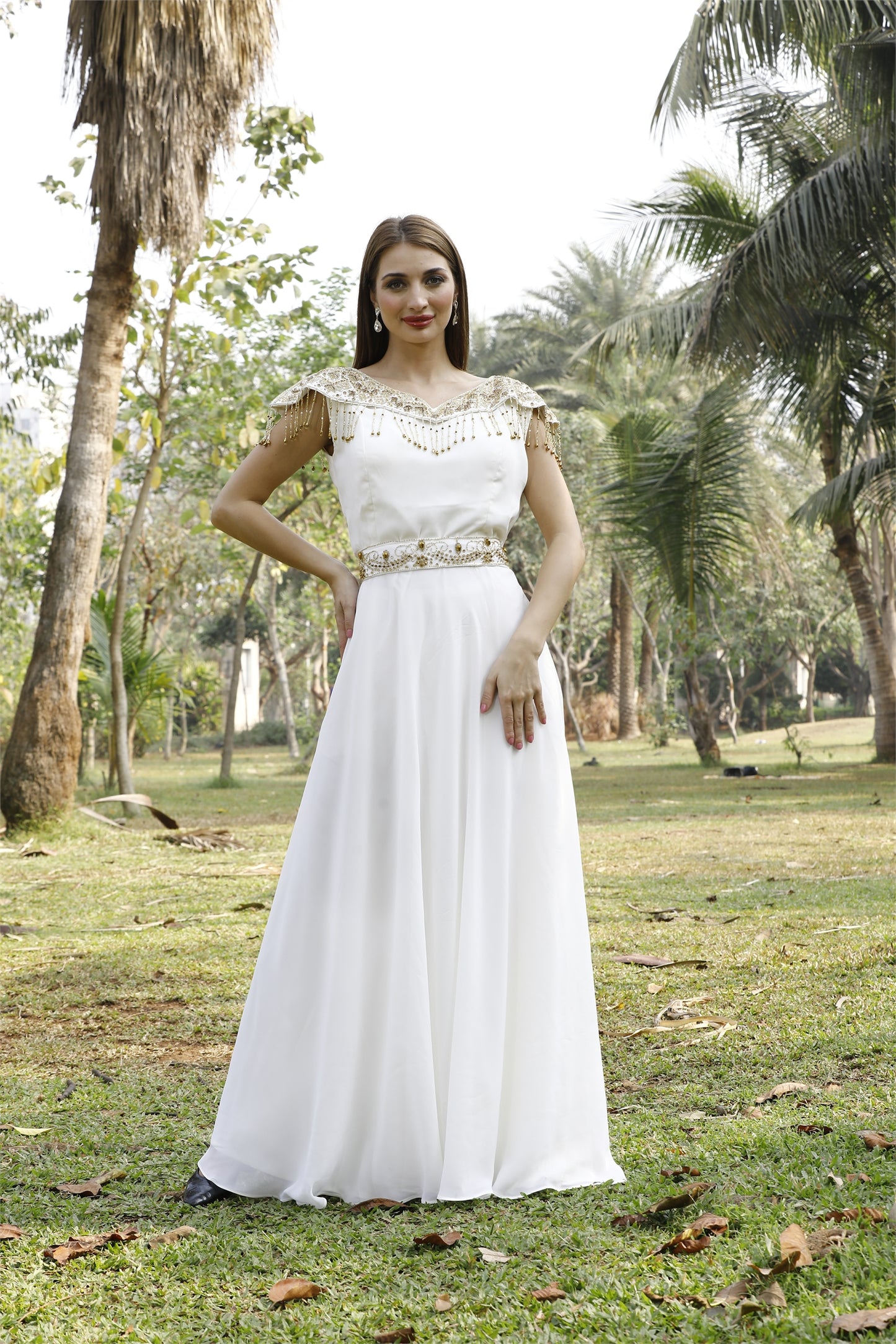 Cream Prom Gown Bridesmaid Dress with Golden Tassels